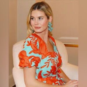 Elegant Floral Midi Dress in Orange and Blue